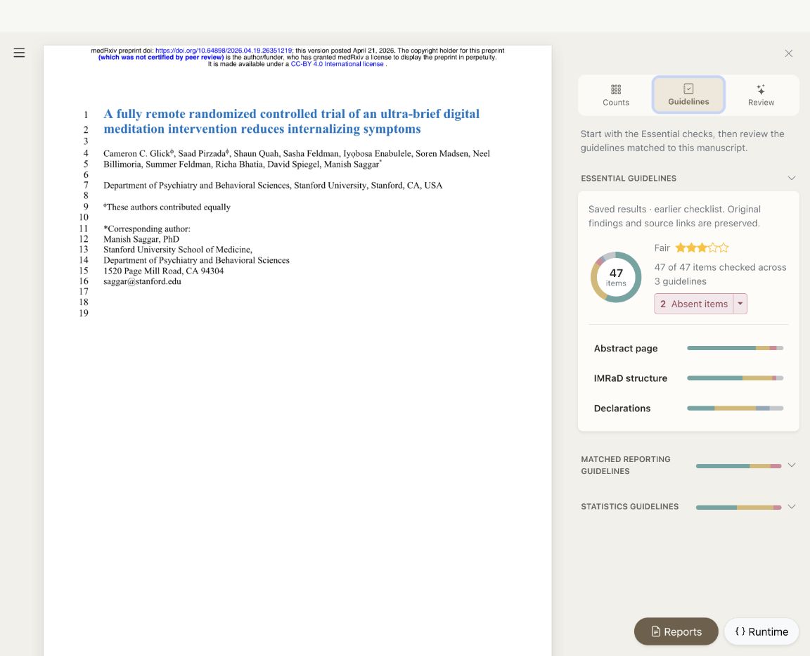 Essential and matched reporting checks in the example manuscript.