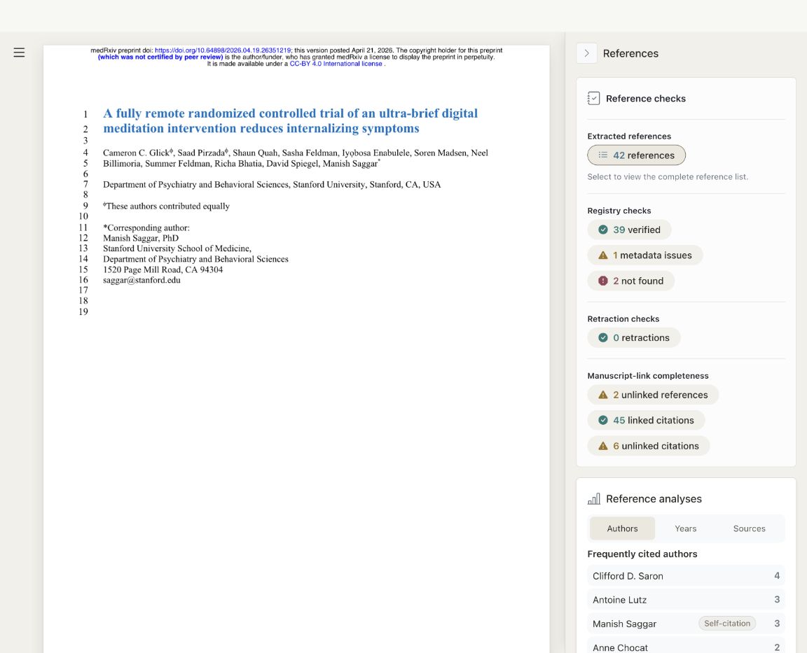 Registry checks and manuscript citation links for an example paper.
