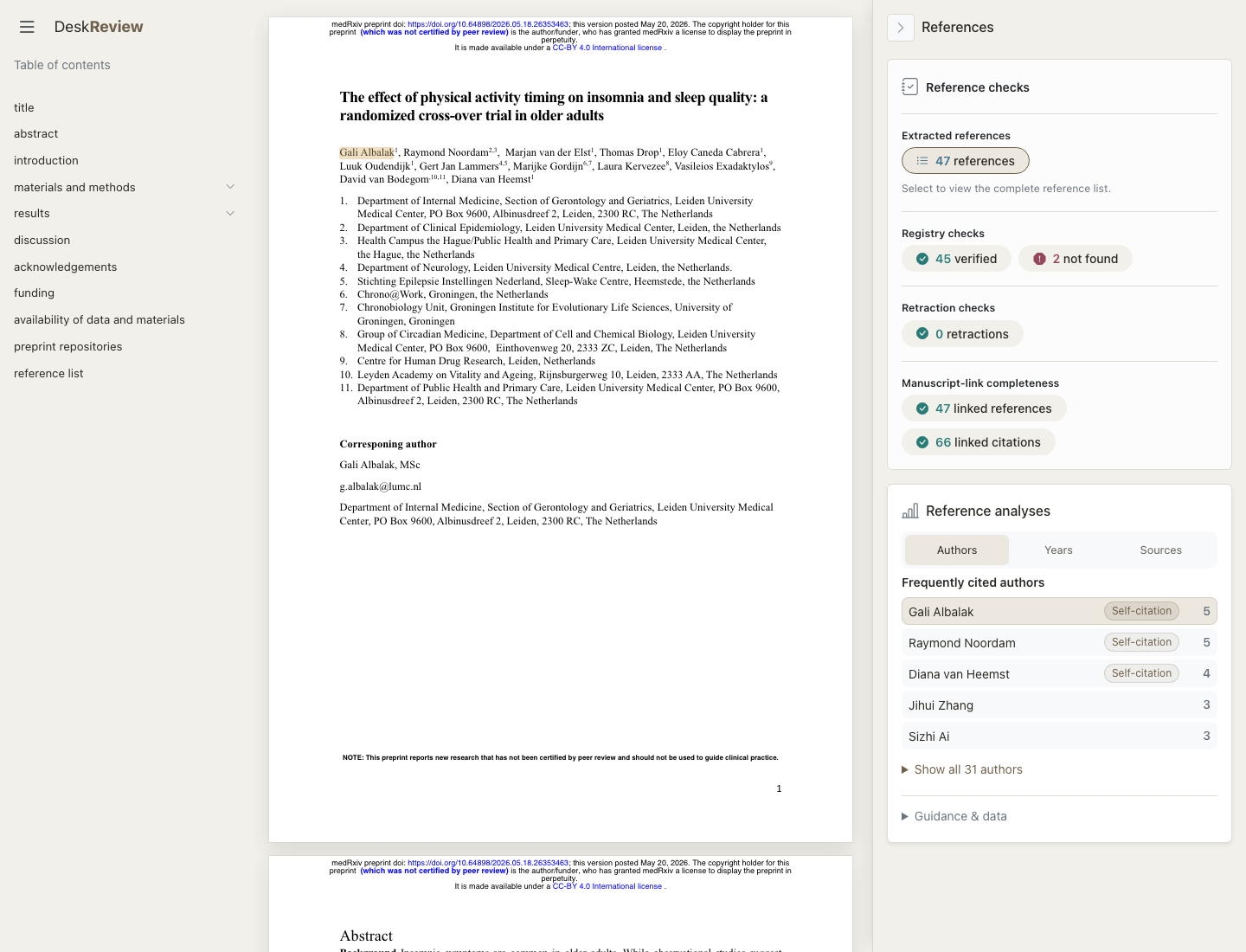 Reference analyses showing citation frequencies and self-citation badges.